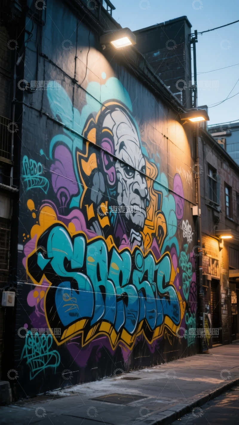 高清大图下载【趣麦麦图】-夜晚灯光下的城市墙面涂鸦艺术