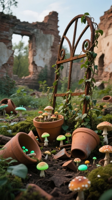 废弃建筑前的微型蘑菇花园