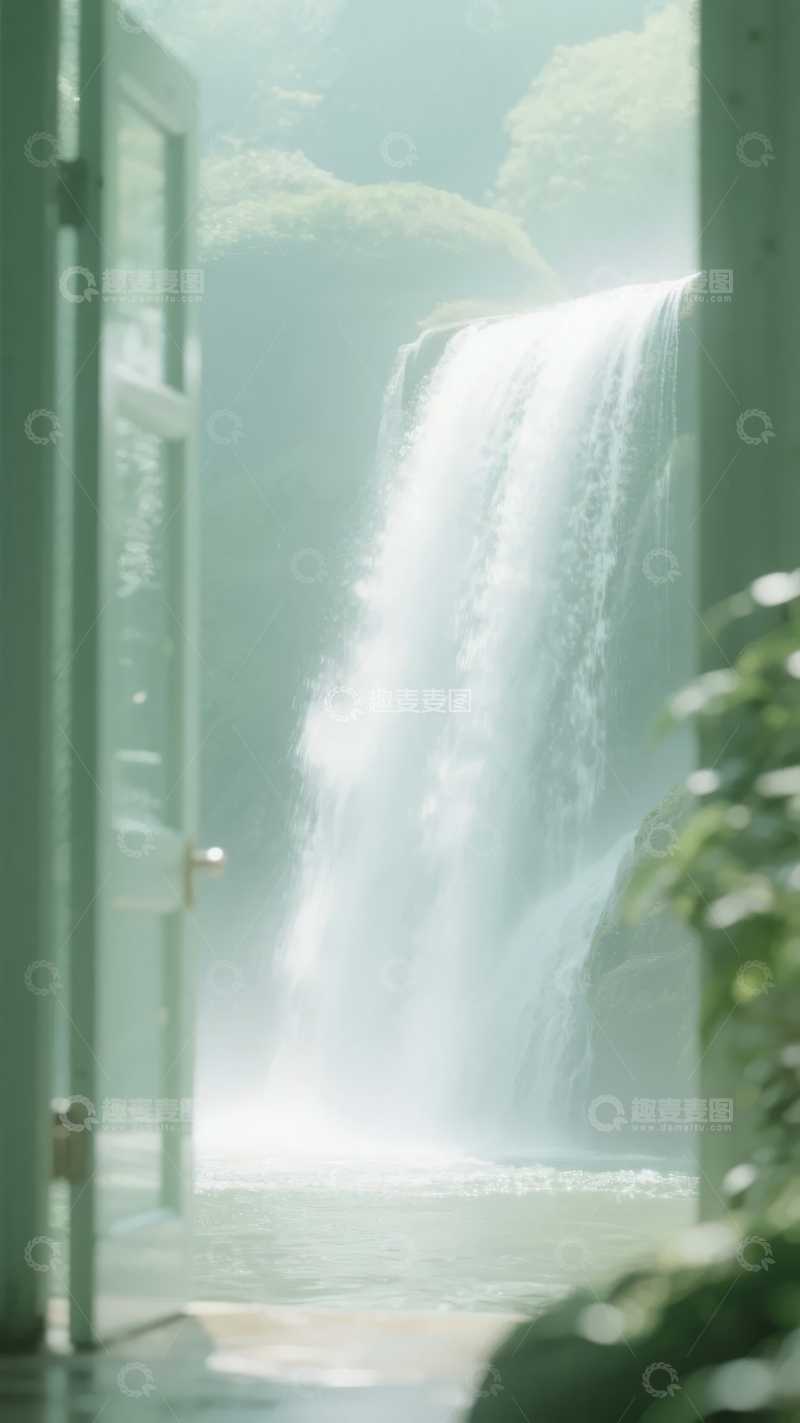 高清大图下载【趣麦麦图】透过门廊望向雾气缭绕的瀑布景观