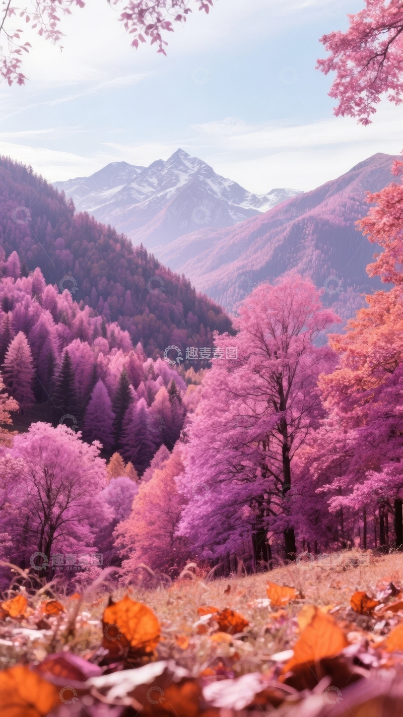 高清大图下载【趣麦麦图】紫色森林与雪山背景的梦幻自然景观