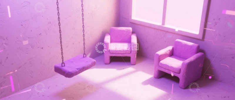 高清大图下载【趣麦麦图】紫色调室内空间悬挂秋千与两张扶手椅