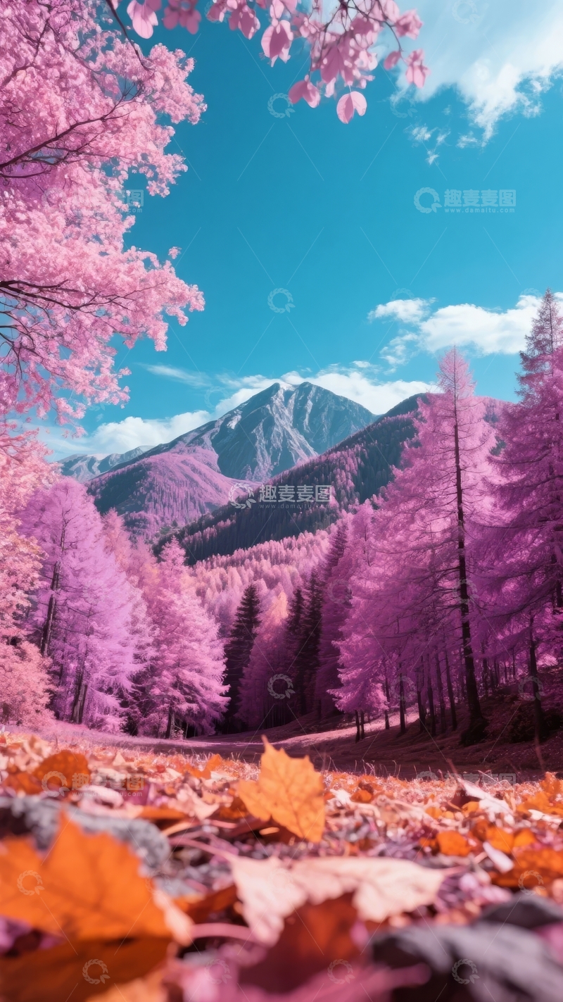 高清大图下载【趣麦麦图】粉紫森林与雪山蓝天的梦幻自然景观