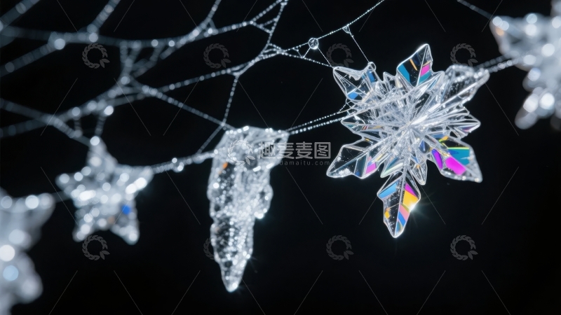 高清大图下载【趣麦麦图】冰晶雪花在黑暗背景中闪耀