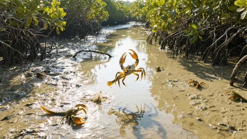 高清大图下载【趣麦麦图】红树林湿地中螃蟹在浅水中活动的自然景象