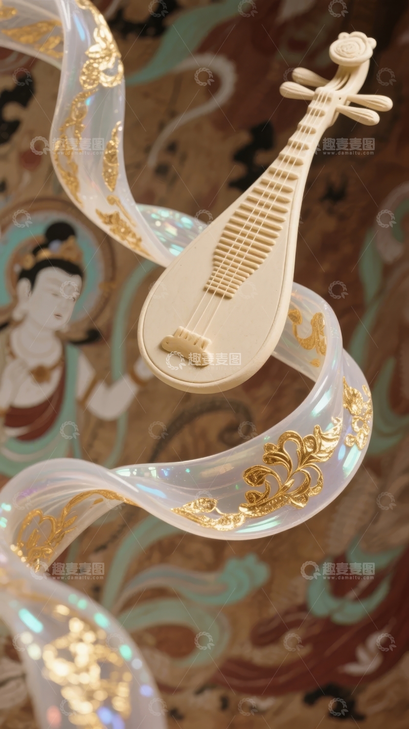 高清大图下载【趣麦麦图】白色琵琶置于华丽丝带与古典壁画之上