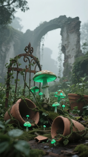 奇幻森林中发光蘑菇与古老铁艺门的神秘场景