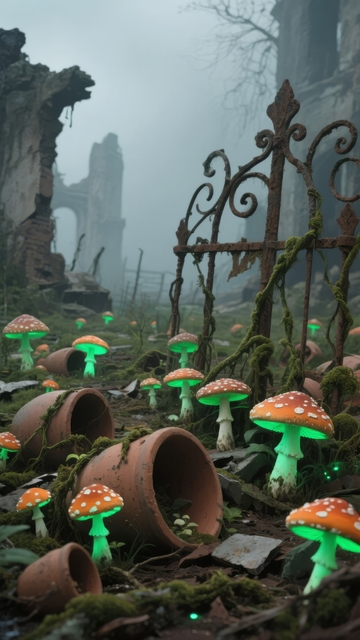 废弃铁门旁的奇幻蘑菇林雾气弥漫