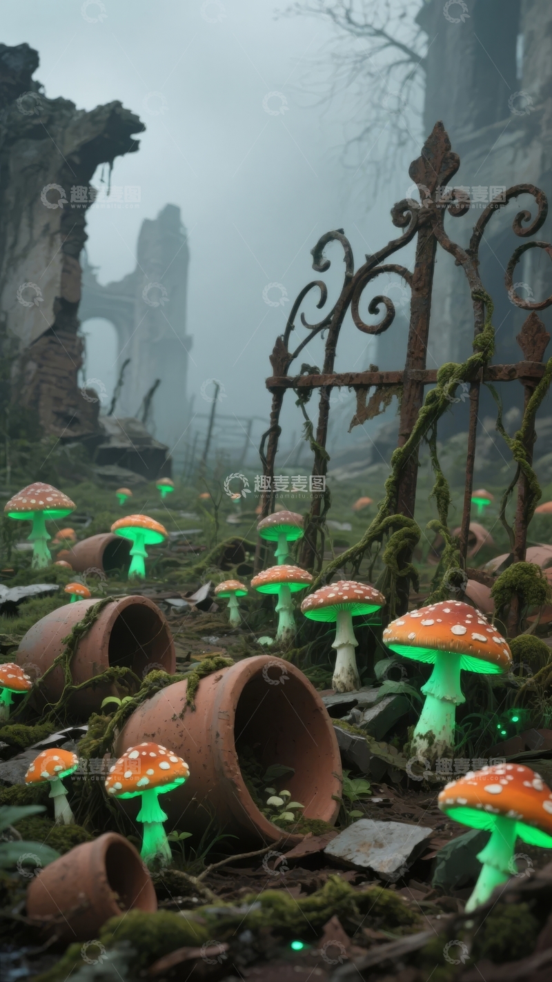 高清大图下载【趣麦麦图】废弃铁门旁的奇幻蘑菇林雾气弥漫