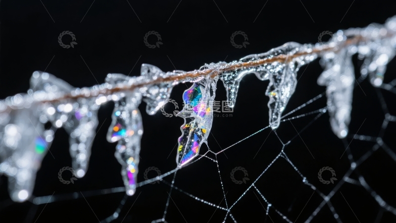 高清大图下载【趣麦麦图】冰挂蜘蛛网在黑暗中闪烁彩虹光芒