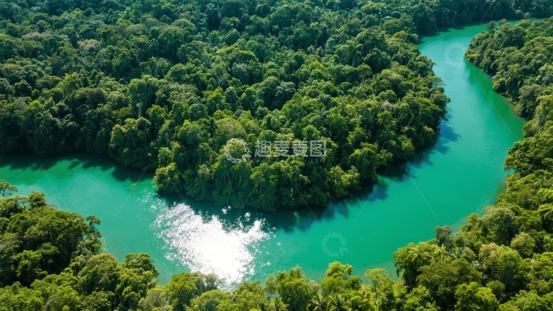 高清大图下载【趣麦麦图】俯瞰视角下的碧绿河流与茂密森林景观