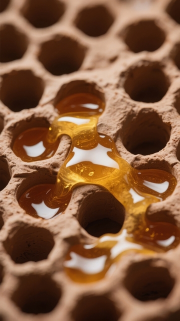 蜂巢中金黄色蜂蜜流淌的特写画面