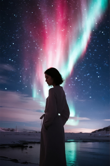极光下雪地中的女子剪影