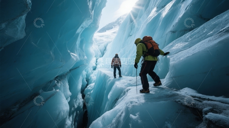 高清大图下载【趣麦麦图】探险者在冰川峡谷中徒步攀登