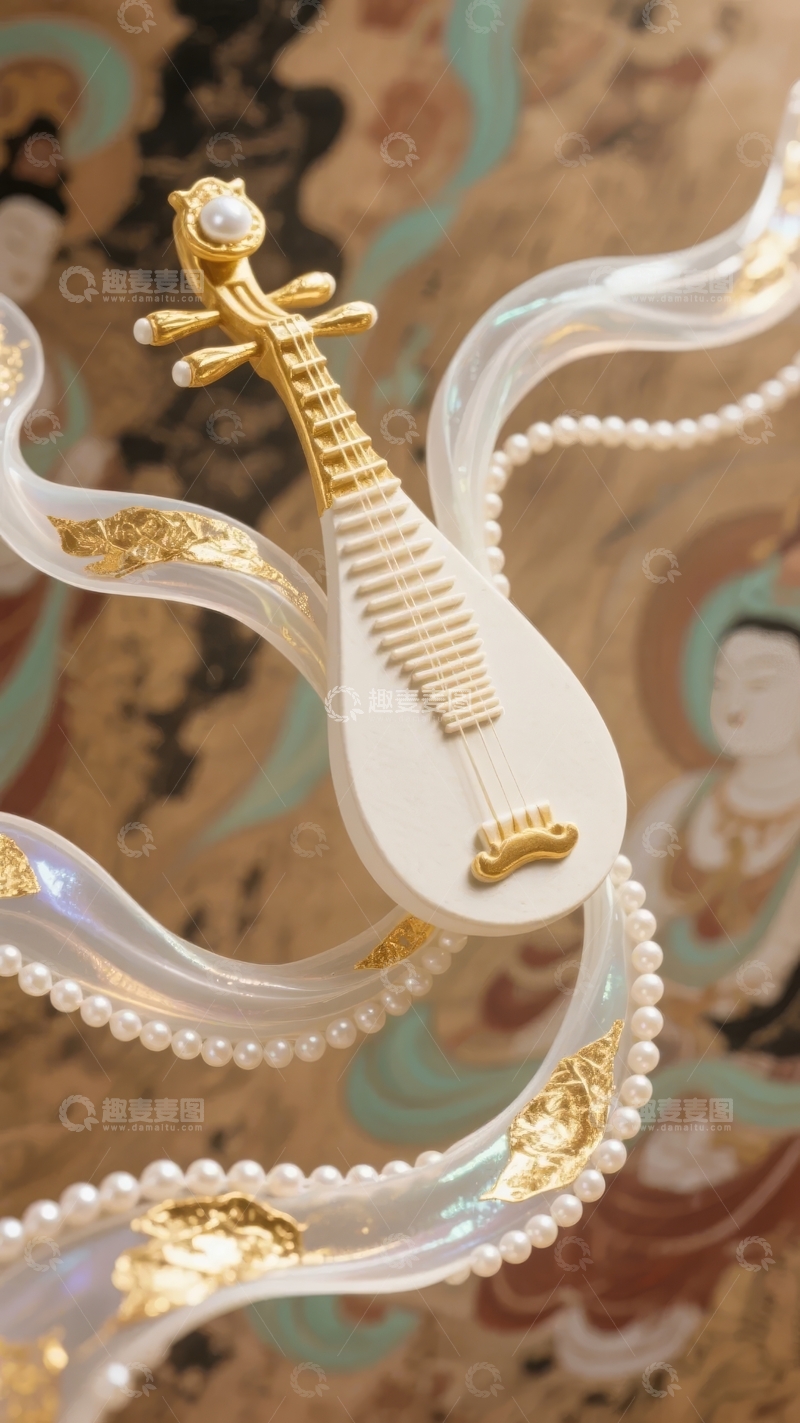 高清大图下载【趣麦麦图】白色琵琶装饰品置于古典壁画背景之上