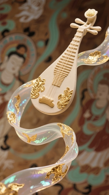 金色装饰的琵琶置于传统壁画背景之上
