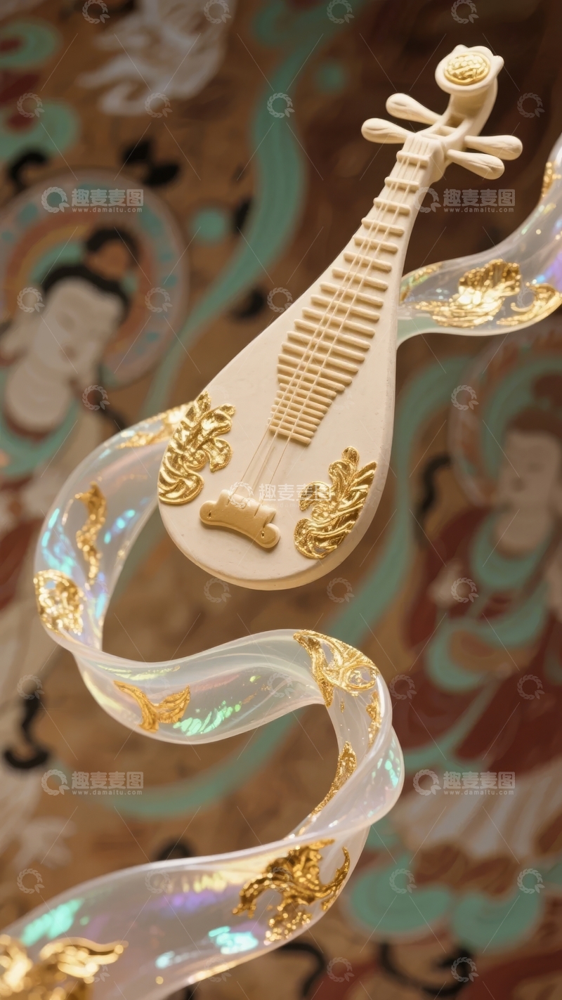 高清大图下载【趣麦麦图】金色装饰的琵琶置于传统壁画背景之上