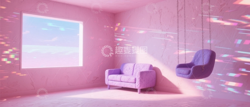 高清大图下载【趣麦麦图】粉色房间内悬挂沙发与窗户光影交错的现代艺术场景