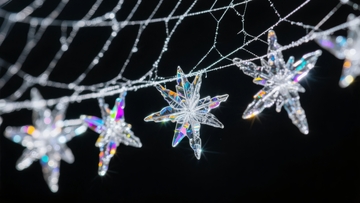 黑色背景上悬挂的闪亮星形装饰品