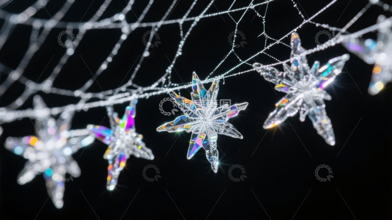 高清大图下载【趣麦麦图】黑色背景上悬挂的闪亮星形装饰品