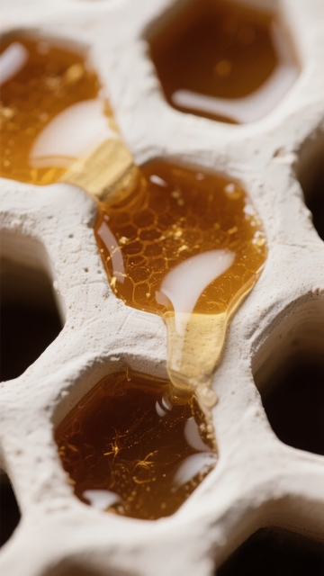 蜂巢中金黄色蜂蜜流淌的特写镜头