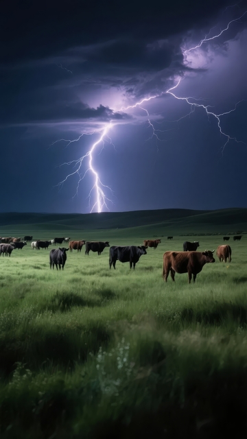 雷电交加的夜晚牧场牛群静立