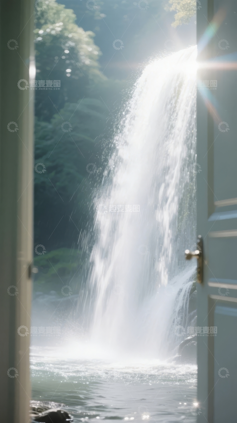 高清大图下载【趣麦麦图】从门内望向阳光照耀下的瀑布景观