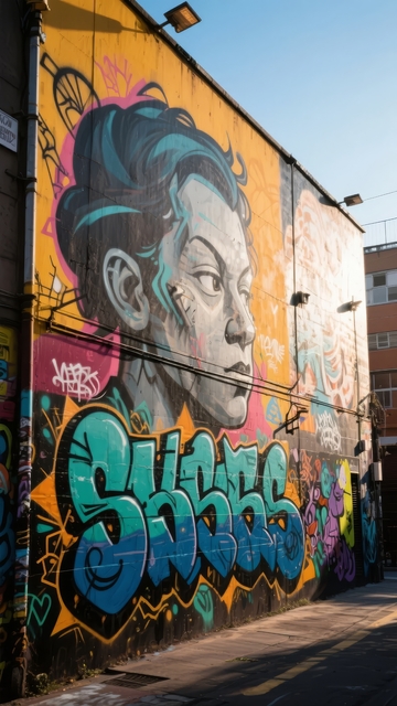 城市墙面涂鸦艺术展现人物肖像与多彩图案