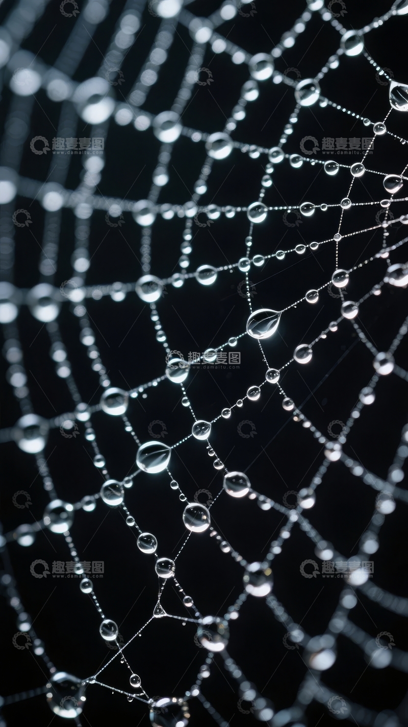 高清大图下载【趣麦麦图】水珠点缀的精致蜘蛛网在黑暗中闪耀