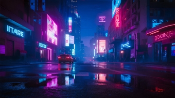 霓虹灯照亮的雨夜都市街道