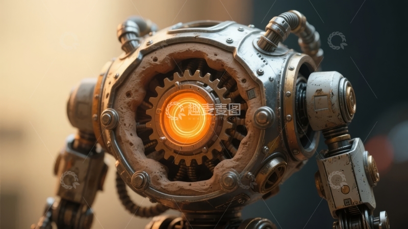 高清大图下载【趣麦麦图】机械风格机器人头部特写中心齿轮发光