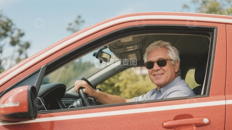高清大图下载【趣麦麦图】老年男子驾驶红色汽车户外场景
