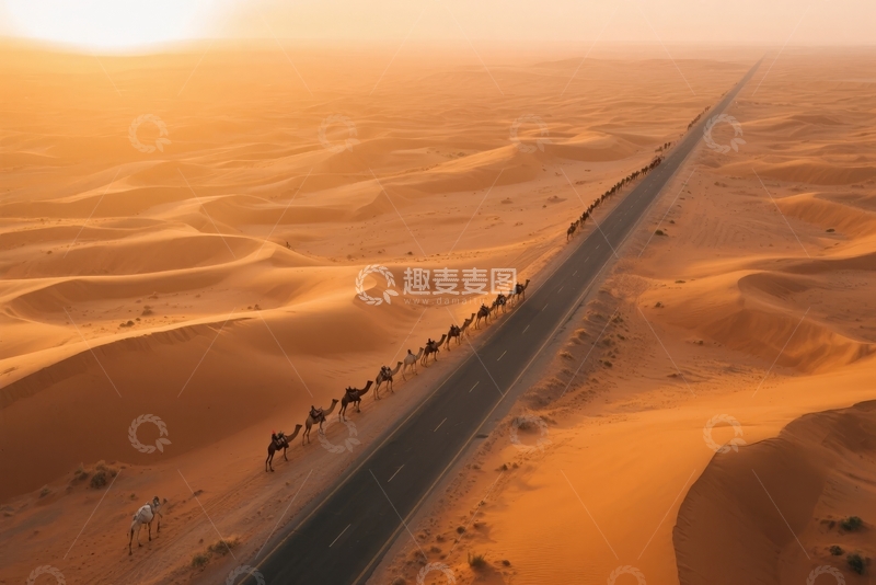 高清大图下载【趣麦麦图】沙漠公路驼队日落航拍景象