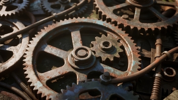 锈迹斑斑的齿轮紧密啮合展现机械运作细节