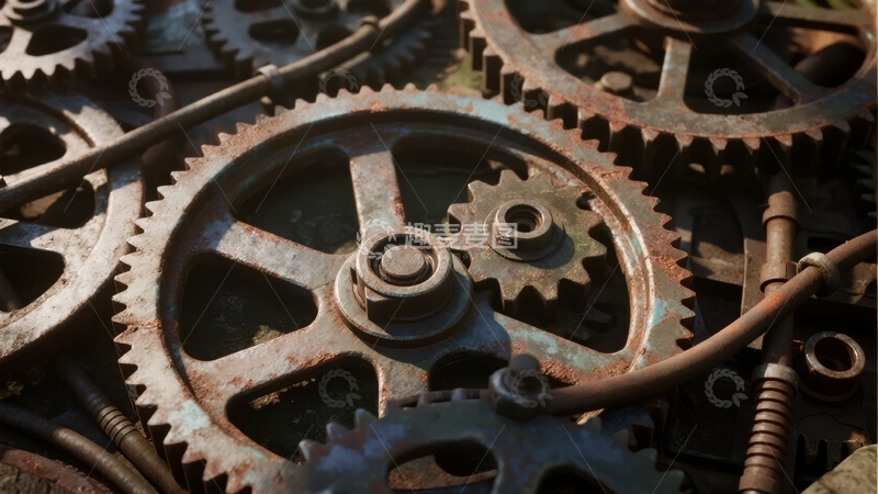 高清大图下载【趣麦麦图】锈迹斑斑的齿轮紧密啮合展现机械运作细节