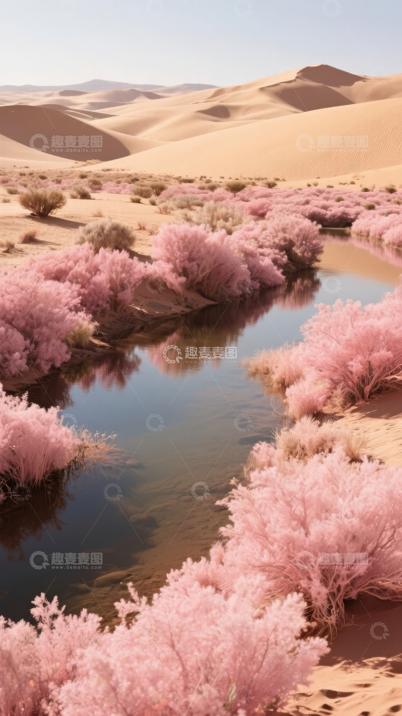 高清大图下载【趣麦麦图】沙漠绿洲中粉色灌木与河流的宁静景象