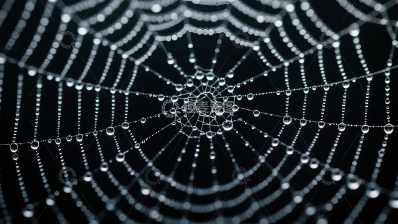 高清大图下载【趣麦麦图】黑色背景下布满水珠的精致蜘蛛网