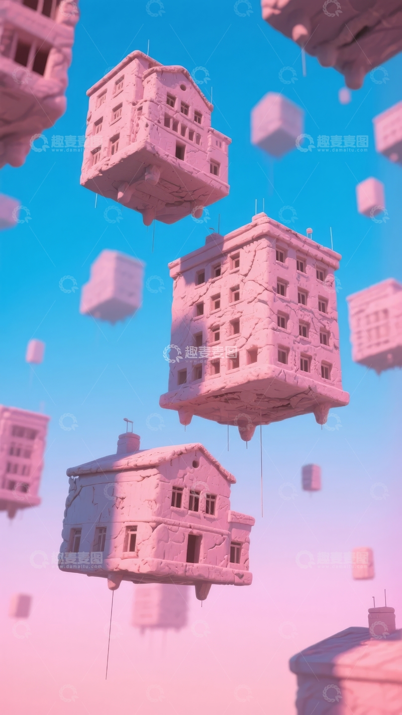 高清大图下载【趣麦麦图】悬浮于蓝天粉霞间的梦幻建筑群