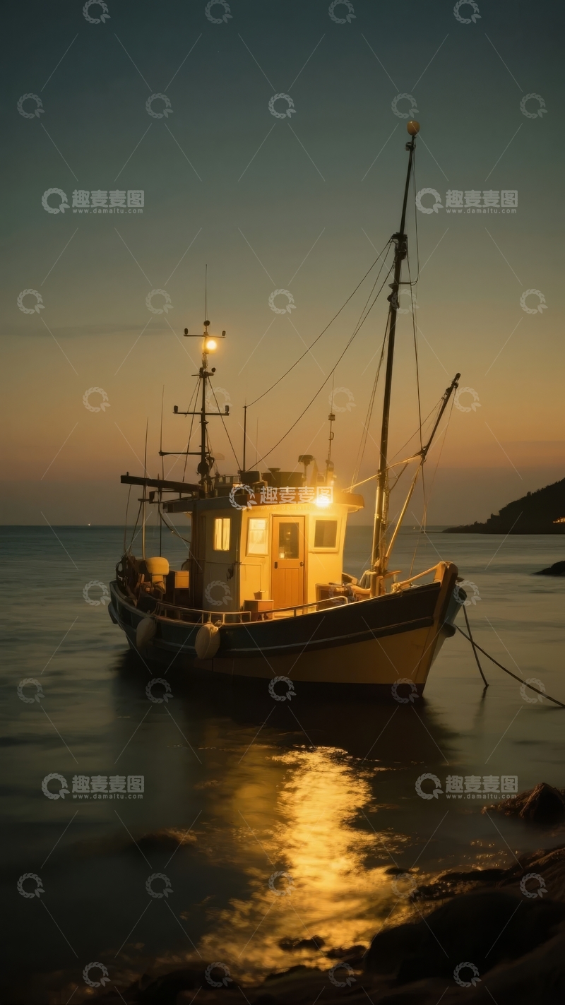 高清大图下载【趣麦麦图】夜幕下渔船停泊于宁静海港水面倒影清晰