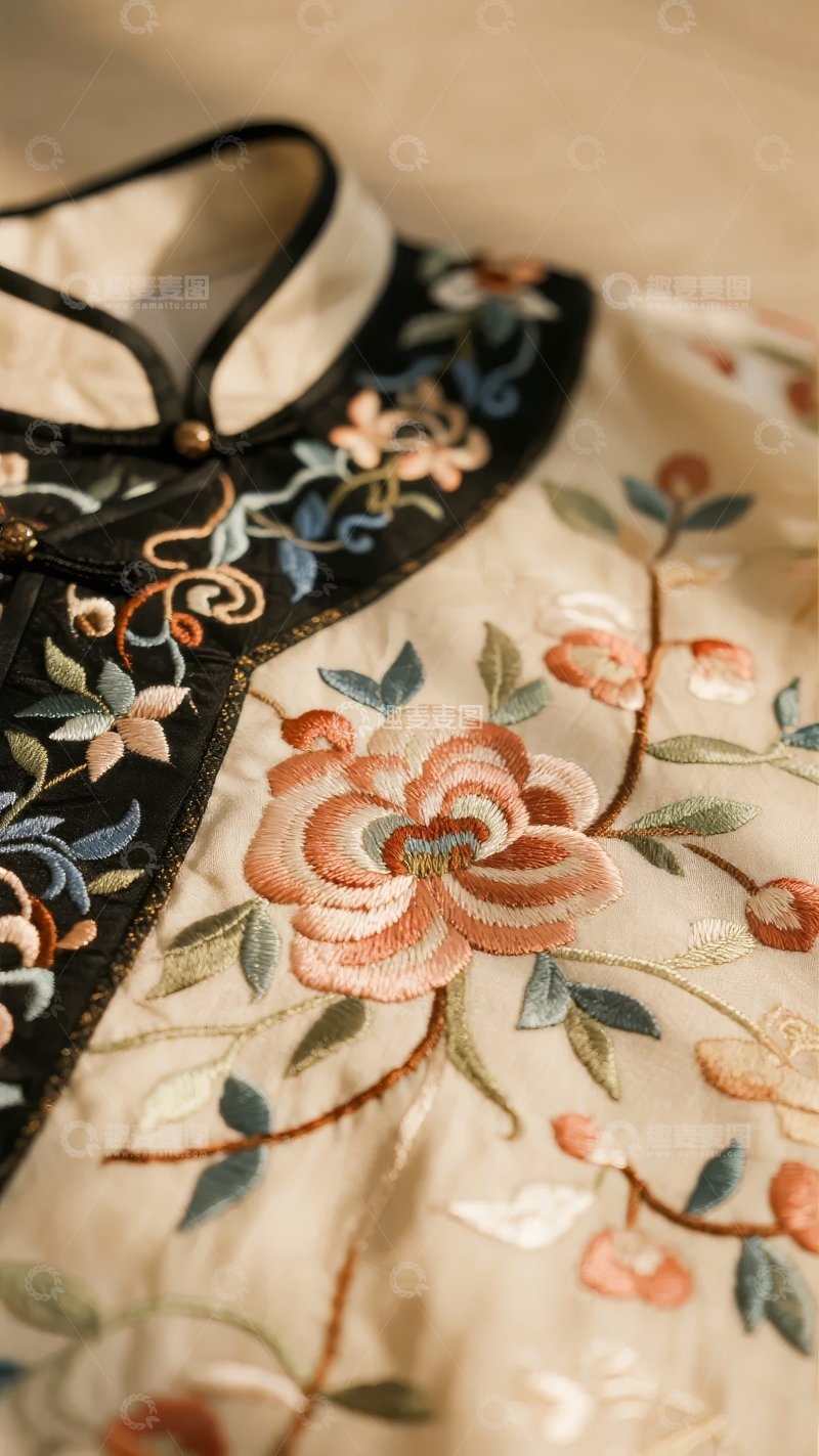 高清大图下载【趣麦麦图】精致刺绣花卉图案的传统服饰领口细节