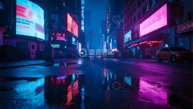 高清大图下载【趣麦麦图】雨夜都市街道霓虹灯闪烁倒影斑斓