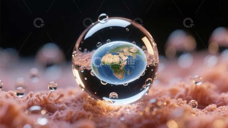 高清大图下载【趣麦麦图】地球模型置于水滴与沙粒之上