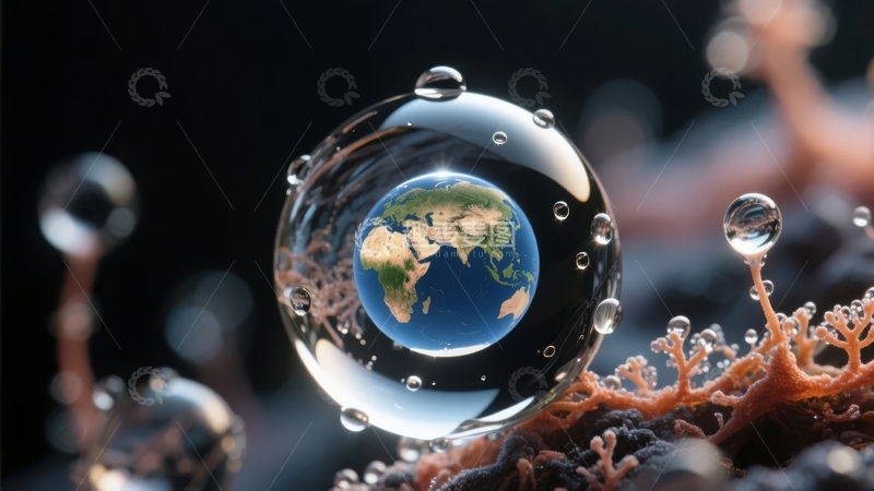 高清大图下载【趣麦麦图】水滴中的地球模型置于珊瑚之上