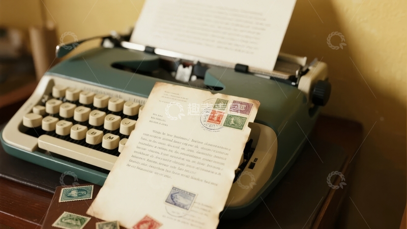 高清大图下载【趣麦麦图】复古打字机旁放置着信件和邮票