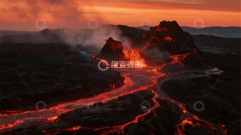 高清大图下载【趣麦麦图】熔岩流从火山口喷涌而下照亮夜空