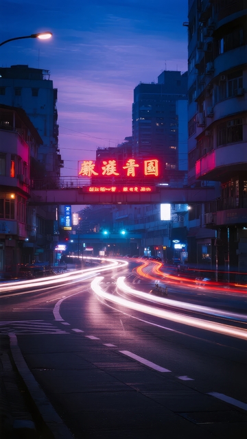 夜晚城市街道灯光轨迹与建筑招牌