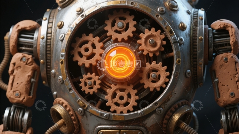 高清大图下载【趣麦麦图】机械齿轮中心发光的复古风格机器人头部特写