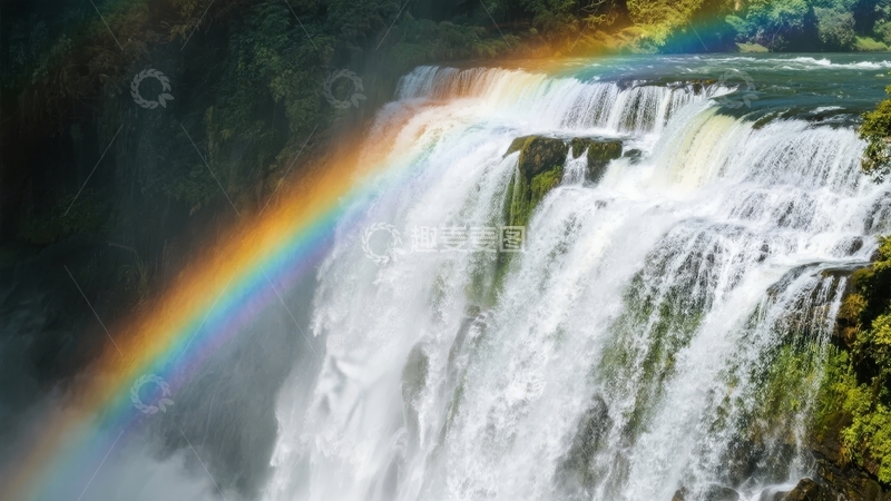 高清大图下载【趣麦麦图】壮观瀑布喷涌彩虹映衬自然美景
