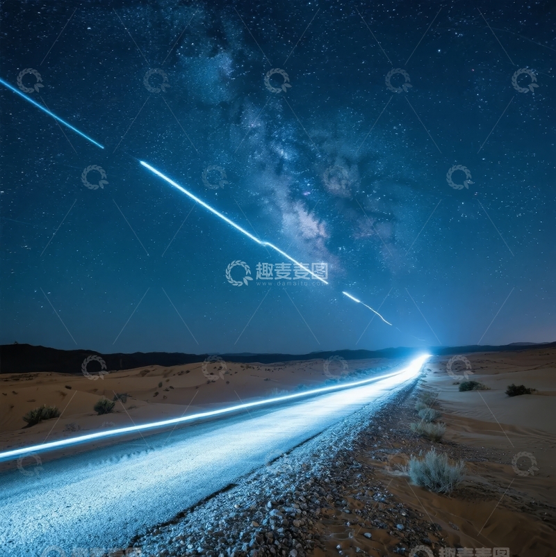 高清大图下载【趣麦麦图】夜空下沙漠公路星光轨迹与银河