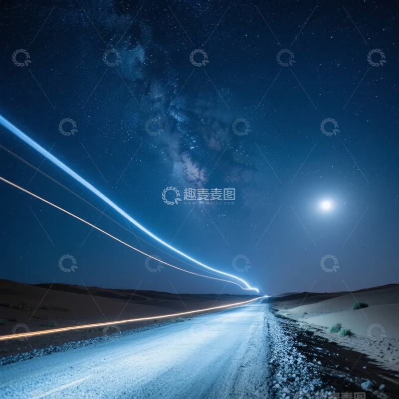 高清大图下载【趣麦麦图】夜空下沙漠公路星光轨迹与满月