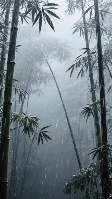 雨中竹林雾气弥漫生机盎然